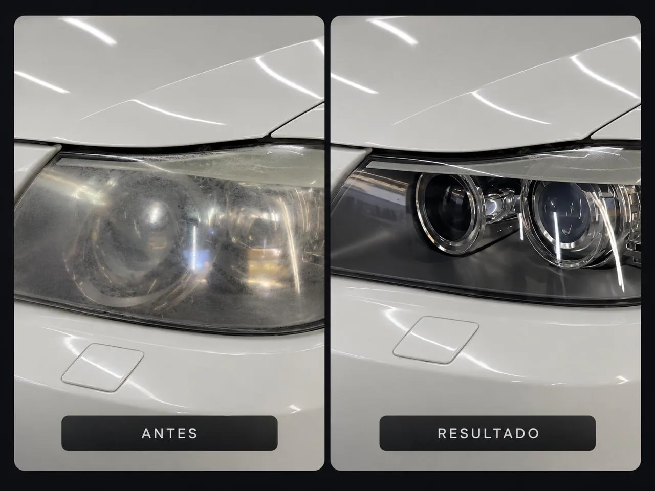Restauração de farol automotivo com comparação antes e resultado
